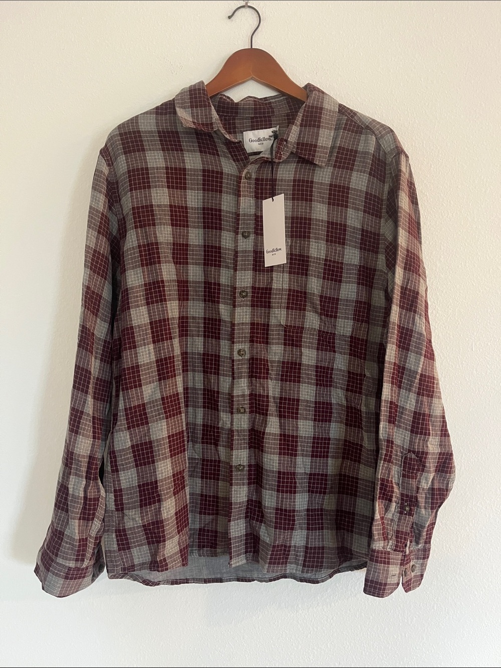 NWT Goodfellow & Co Men's Burgundy & Gray Plaid Long Sleeve Button-Down Shirt